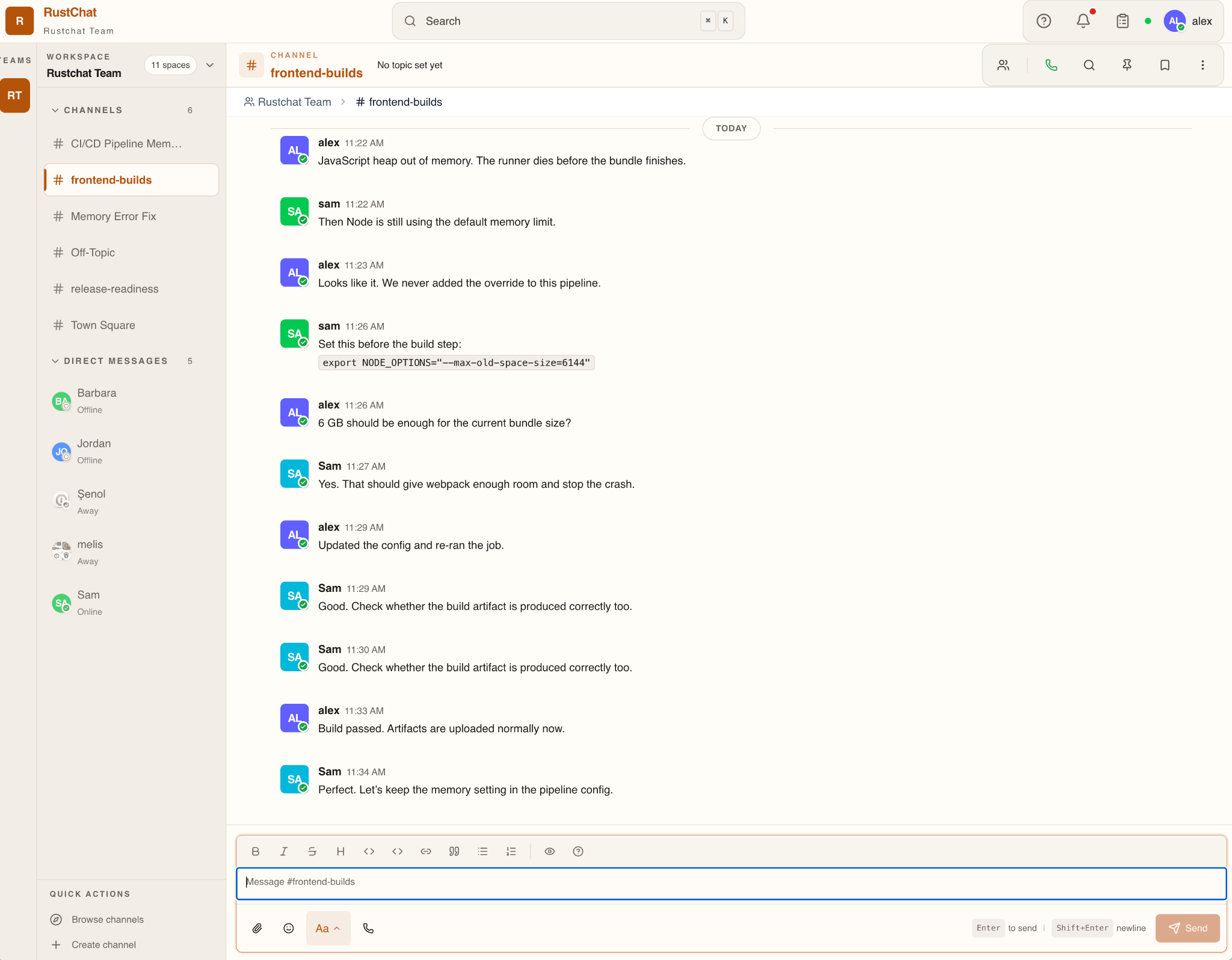 RustChat Engineering Chat - #frontend-builds Webpack Memory Fix Discussion