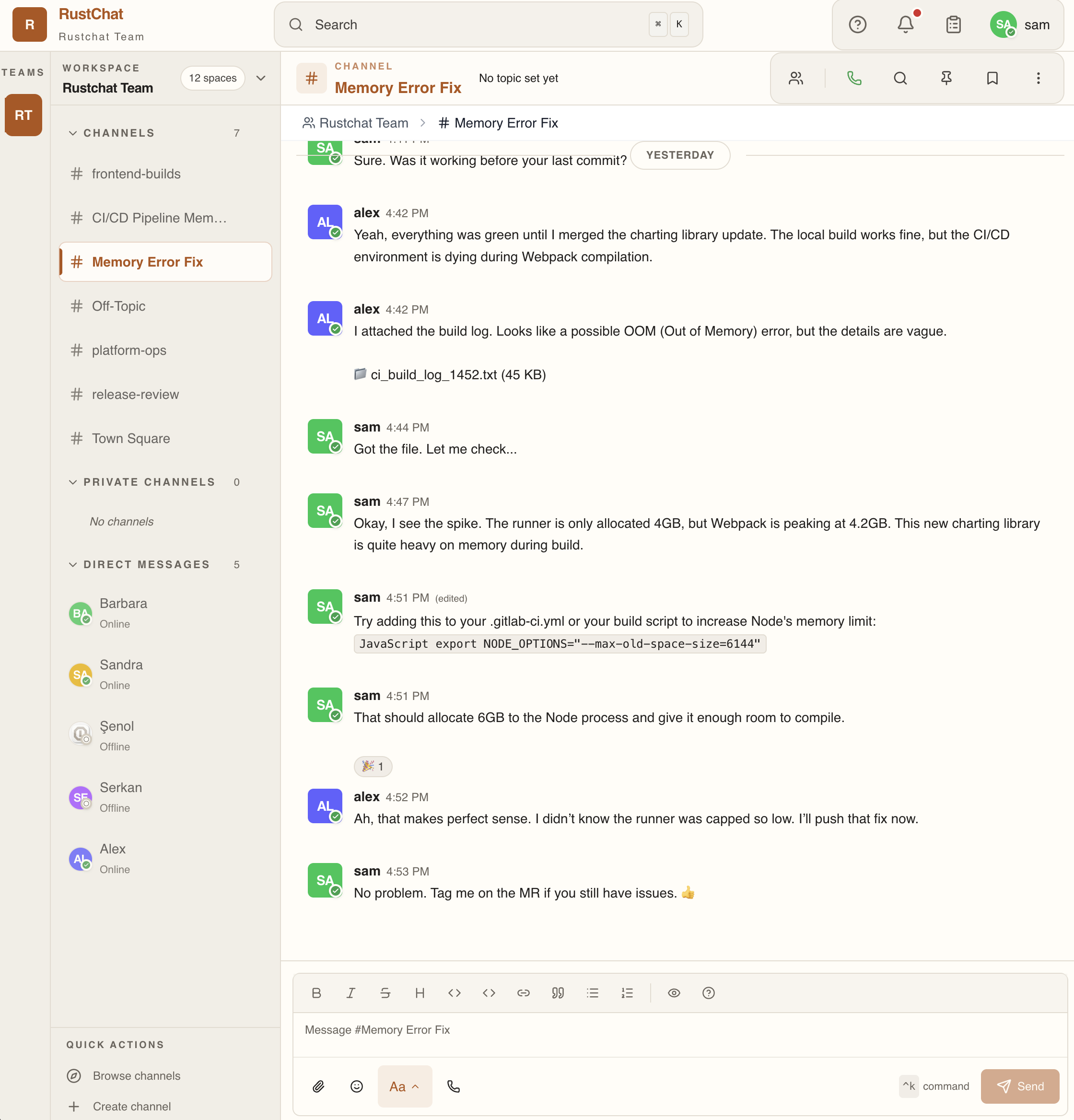 RustChat Desktop Interface - Team Collaboration and Live Troubleshooting